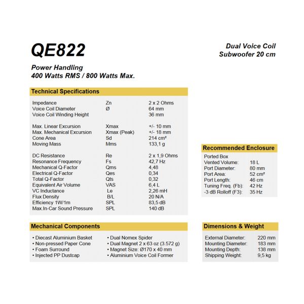 ESX QE822 - subwoofer, średnica 200 mm, moc RMS 400 Wat, impedancja 2x2 Ohm