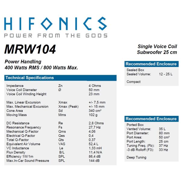 HiFonics MRW104 - subwoofer średnica  250 mm, moc 400 Wat RMS, Impedancja 4 Ohm