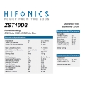 HiFonics ZST10D2 - subwoofer średnica  250 mm, moc 300 Wat RMS, Impedancja 2x2 Ohm