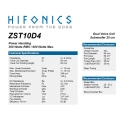 HiFonics ZST10D4 - subwoofer średnica  250 mm, moc 300 Wat RMS, Impedancja 2x4 Ohm