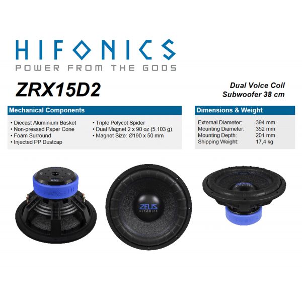 HiFonics ZRX15D2 - subwoofer średnica  380 mm, moc 1500 Wat RMS, Impedancja 2x2 Ohm