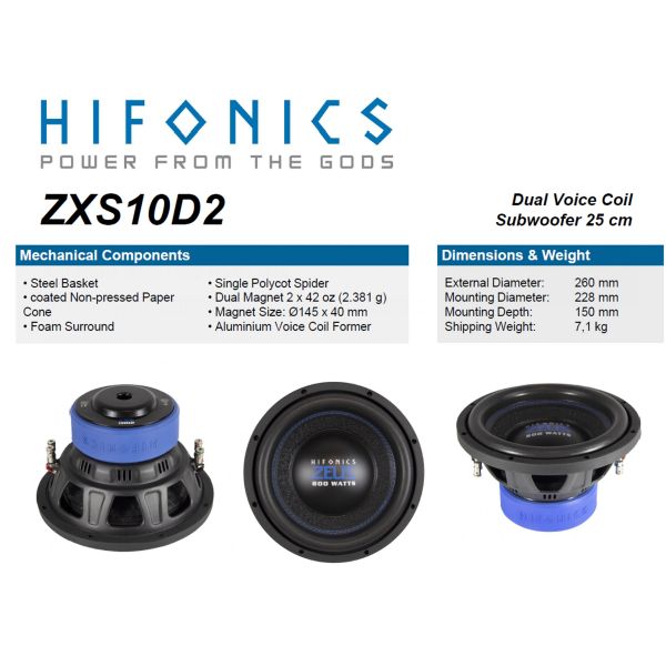 HiFonics ZXS10D2 - subwoofer średnica  250 mm, moc 400 Wat RMS, Impedancja 2x2 Ohm