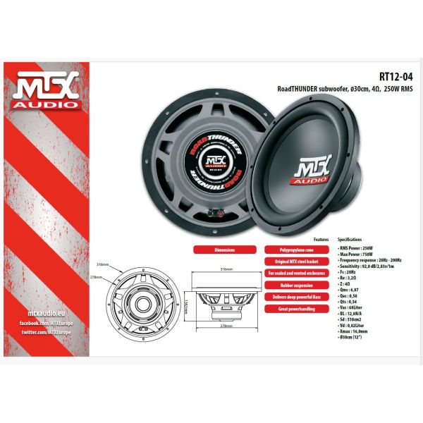 MTX RT12-04 - subwoofer, średnica 12 cali - 30 cm,