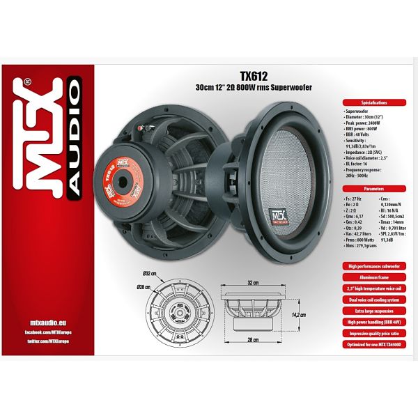 MTX TX612 - subwoofer, średnica 12 cali - 30 cm,