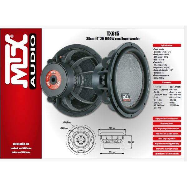 MTX TX615 - subwoofer, średnica 15 cali - 38 cm,
