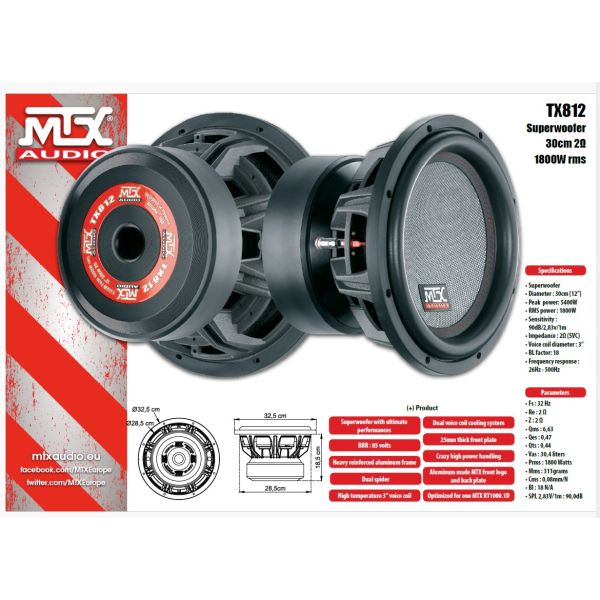 MTX TX812 - subwoofer, średnica 12 cali - 30 cm,