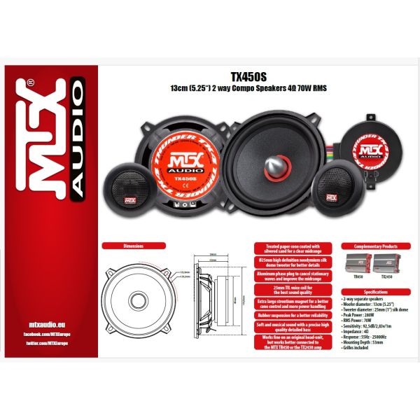MTX TX450S - głośniki odseparowane, średnica midbasu 130 mm,