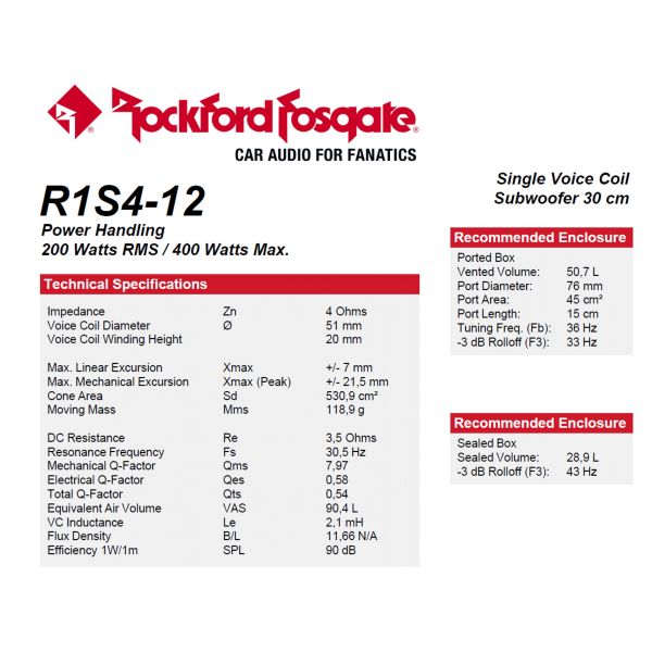 Rockford Fosgate R1S4-12 - subwoofer, średnica 12 cali - 30 cm, moc 200 Wat RMS,  Impedancja 1x4 Ohm