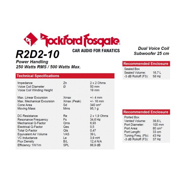 Rockford Fosgate R2D2-10 - subwoofer, średnica 10 cali - 25 cm, Impedancja 2x2 Ohm