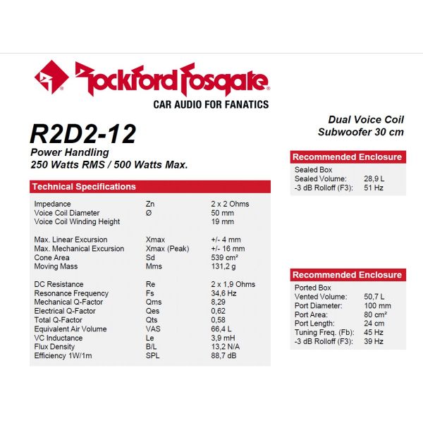 Rockford Fosgate R2D2-12 - subwoofer, średnica 12 cali - 30 cm, Impedancja 2x2 Ohm