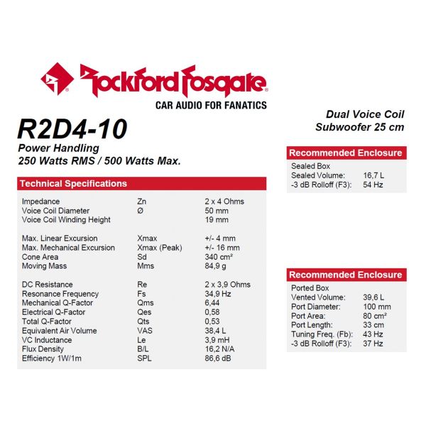 Rockford Fosgate R2D4-10 - subwoofer, średnica 10 cali - 25 cm, Impedancja 2x4 Ohm